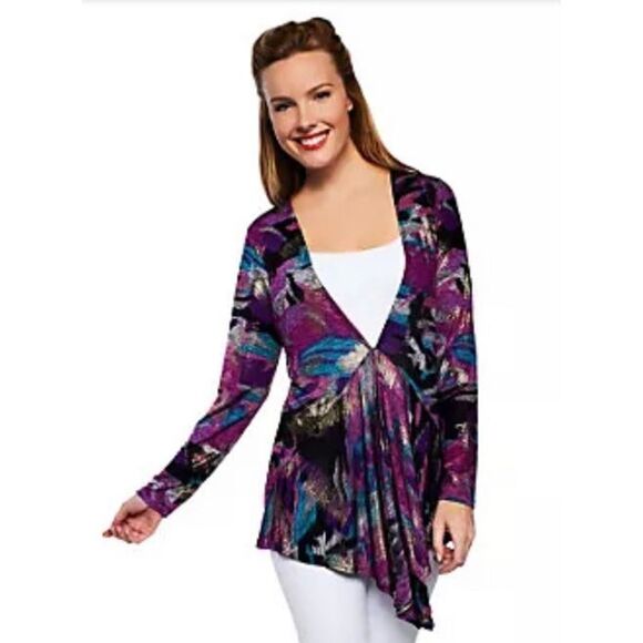 George Simonton Womens 3X Brown Multi Abstract Print Drape Front Cardigan with H - Picture 2 of 5